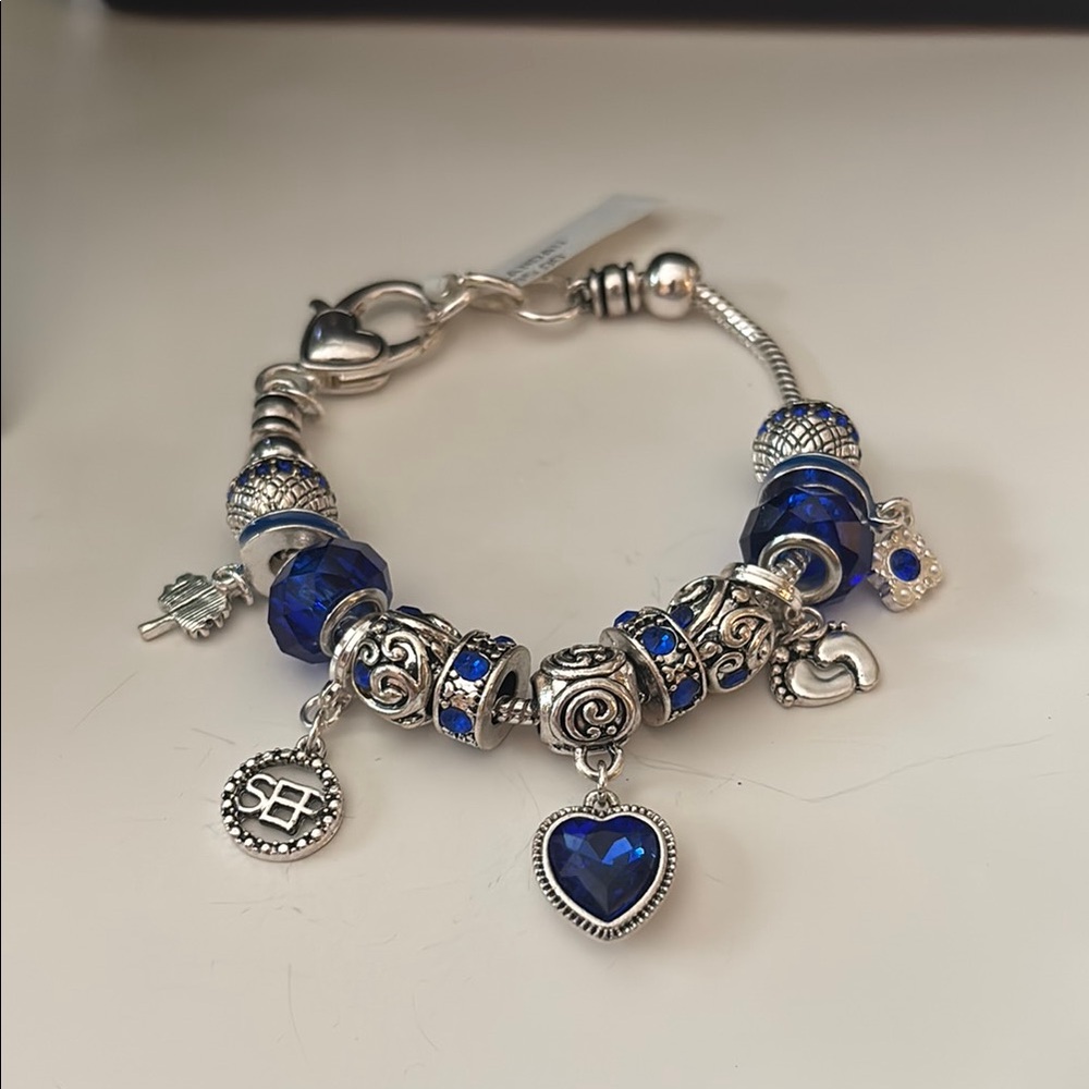 Landau Silver and Blue Charm Bracelet with Intricate Details 8”